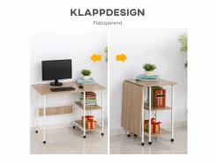Mesa Gaming|Mesa plegable móvil, con estante, MDF, natural, 107x55x76 cm, con ruedas, para oficina y espacio de trabajo