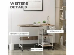 Mesa Gaming|Mesa plegable móvil, con estante, MDF, natural, 107x55x76 cm, con ruedas, para oficina y espacio de trabajo