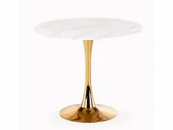 MSO Mesa redonda con tablero de cristal imitación mármol y pata central de acero dorado BOOTIS Blanco Clearance