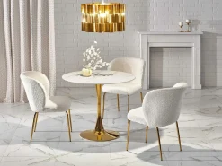 MSO Mesa redonda con tablero de cristal imitación mármol y pata central de acero dorado BOOTIS Blanco Clearance