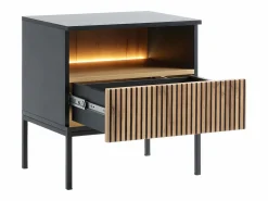 Vente-unique Mesita De Noche|Mesita de noche 1 cajón y 1 estante con LEDs color negro y natural - OVILA