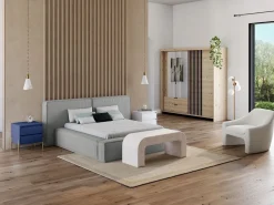 Vente-unique Mesita de noche con 2 cajones de MDF y metal en color lacado y dorado - KORASA Azul Online