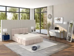 Vente-unique Mesita de noche con 2 cajones de MDF y metal en color lacado y dorado - KORASA Azul Online