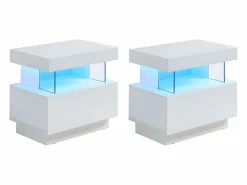 Vente-unique Mesita de noche de 2 piezas con cajón y hueco con LED, MDF lacado - FABIO II Blanco Discount