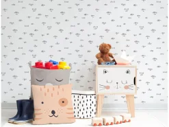 Mesita de noche de pino infantil con dibujo de gato Blanco Outlet
