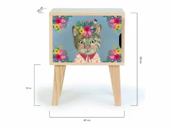 Mesita de noche de pino para niños con dibujo de gato floral. Multicolor Discount