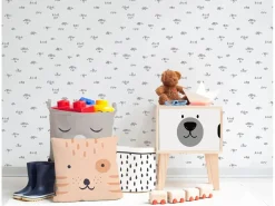 Mesita de noche de pino para niños con dibujo de cara de oso. Gris New