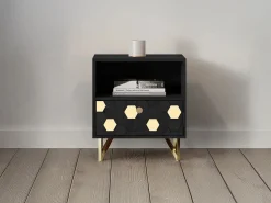 Vente-unique Mesita De Noche|Mesita de noche lote de 2 cajón y hueco madera de mango metal negro y dorado - BELORI