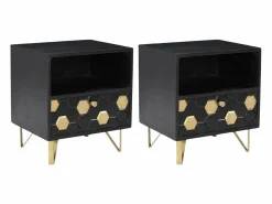 Vente-unique Mesita De Noche|Mesita de noche lote de 2 cajón y hueco madera de mango metal negro y dorado - BELORI
