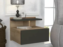 Vente-unique Mesita De Noche|Mesita de noche suspendida lote de 2 con 1 cajón y 1 repisa natural antracita - AZELNO