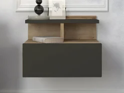 Vente-unique Mesita De Noche|Mesita de noche suspendida lote de 2 con 1 cajón y 1 repisa natural antracita - AZELNO