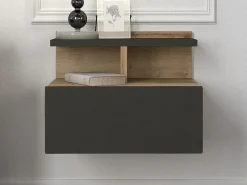 Vente-unique Mesita De Noche|Mesita de noche suspendida con 1 cajón y 1 estante natural y antracita - AZELNO