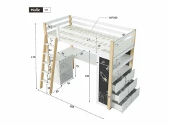 DripeX Cama Infantil|Mezzanine Bed with Office - 90 x 200 cm - 6 cajones grandes - cerca y escalera - Madera sólida y MDF - White