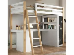 DripeX Cama Infantil|Mezzanine Bed with Office - 90 x 200 cm - 6 cajones grandes - cerca y escalera - Madera sólida y MDF - White