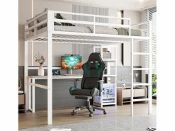 ModernLuxe Cama Alta|Cama Con Almacenaje|Mezzanine iluminado 140x200 cm - con escritorio - con puertos USB + Type-C - barandilla - escalera - (sin colchón)