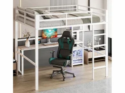 ModernLuxe Cama Alta|Cama Con Almacenaje|Mezzanine iluminado 140x200 cm - con escritorio - con puertos USB + Type-C - barandilla - escalera - (sin colchón)