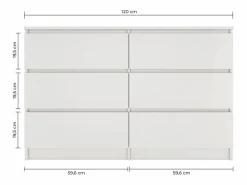 TOPESHOP MILAN - Cómoda grande para dormitorio de 6 cajones - 30x120x77cm - Estilo escandinavo - Almacenamiento Blanco