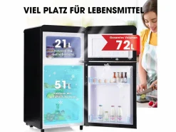 Mini nevera retro, 72 L en total, 21 L en congelador, 51 L en frigorífico, Clase energética E, LED, Diseño retro, Color (45 x 44 x 91 cm) Negro New