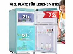 Mini nevera retro, 72 L en total, 21 L en congelador, 51 L en frigorífico, Clase energética E, LED, Diseño retro, Cian (45 x 44 x 91 cm) Violeta Sale