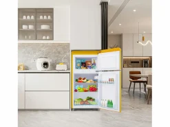 Mini nevera retro, 72 L en total, 21 L en congelador, 51 L en frigorífico, Clase energética E, LED, Diseño retro, (45 x 44 x 91 cm) Amarillo Best