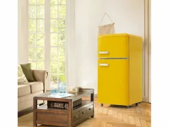 Mini nevera retro, 72 L en total, 21 L en congelador, 51 L en frigorífico, Clase energética E, LED, Diseño retro, (45 x 44 x 91 cm) Amarillo Best