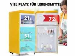 Mini nevera retro, 72 L en total, 21 L en congelador, 51 L en frigorífico, Clase energética E, LED, Diseño retro, (45 x 44 x 91 cm) Amarillo Best