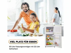 Mini refrigerador de doble puerta, 60 L en total, congelador de 22 L, refrigerador de 38 L, LED, plástico, crema (88,8 x 45,5 x 42,5 cm)^ New