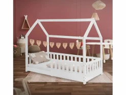Cama infantil casa 80x160cm color con protección anticaída y somier mobiliario con estructura de listones madera de pino maciza^ML-DESIGN Hot