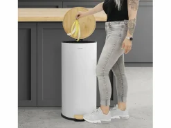 ML-DESIGN Cubo De Basura Para Cocina|Cubo de basura con pedal 30L papelera redonda acabado de acero inoxidable , tapa de bambú con cierre suave para hogar y oficinas
