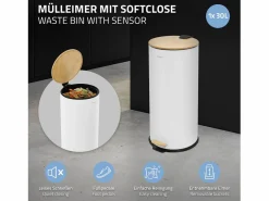 ML-DESIGN Cubo De Basura Para Cocina|Cubo de basura con pedal 30L papelera redonda acabado de acero inoxidable , tapa de bambú con cierre suave para hogar y oficinas