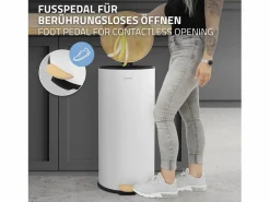 ML-DESIGN Cubo De Basura Para Cocina|Cubo de basura con pedal 30L papelera redonda acabado de acero inoxidable , tapa de bambú con cierre suave para hogar y oficinas