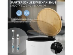 ML-DESIGN Cubo De Basura Para Cocina|Cubo de basura con pedal 30L papelera redonda acabado de acero inoxidable , tapa de bambú con cierre suave para hogar y oficinas