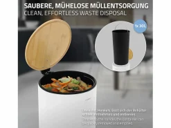 ML-DESIGN Cubo De Basura Para Cocina|Cubo de basura con pedal 30L papelera redonda acabado de acero inoxidable , tapa de bambú con cierre suave para hogar y oficinas