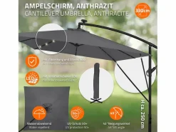 ML-DESIGN Sombrilla de jardín con LED solar Ø330cm de aluminio antracita parasol volafiza de terraza con soporte, giratoria 360° e inclinable Gris antracita Clearance