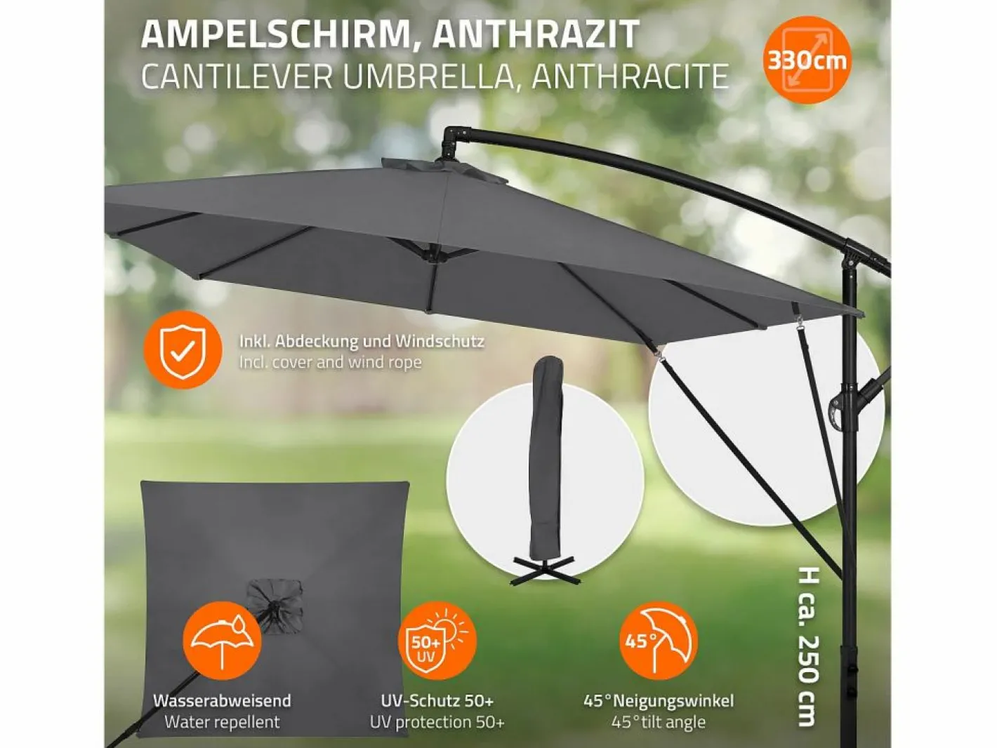 Sombrilla de jardín Ø330cm de aluminio antracita parasol volafiza de terraza con soporte, giratoria 360° e inclinable con manivela^ML-DESIGN Sale