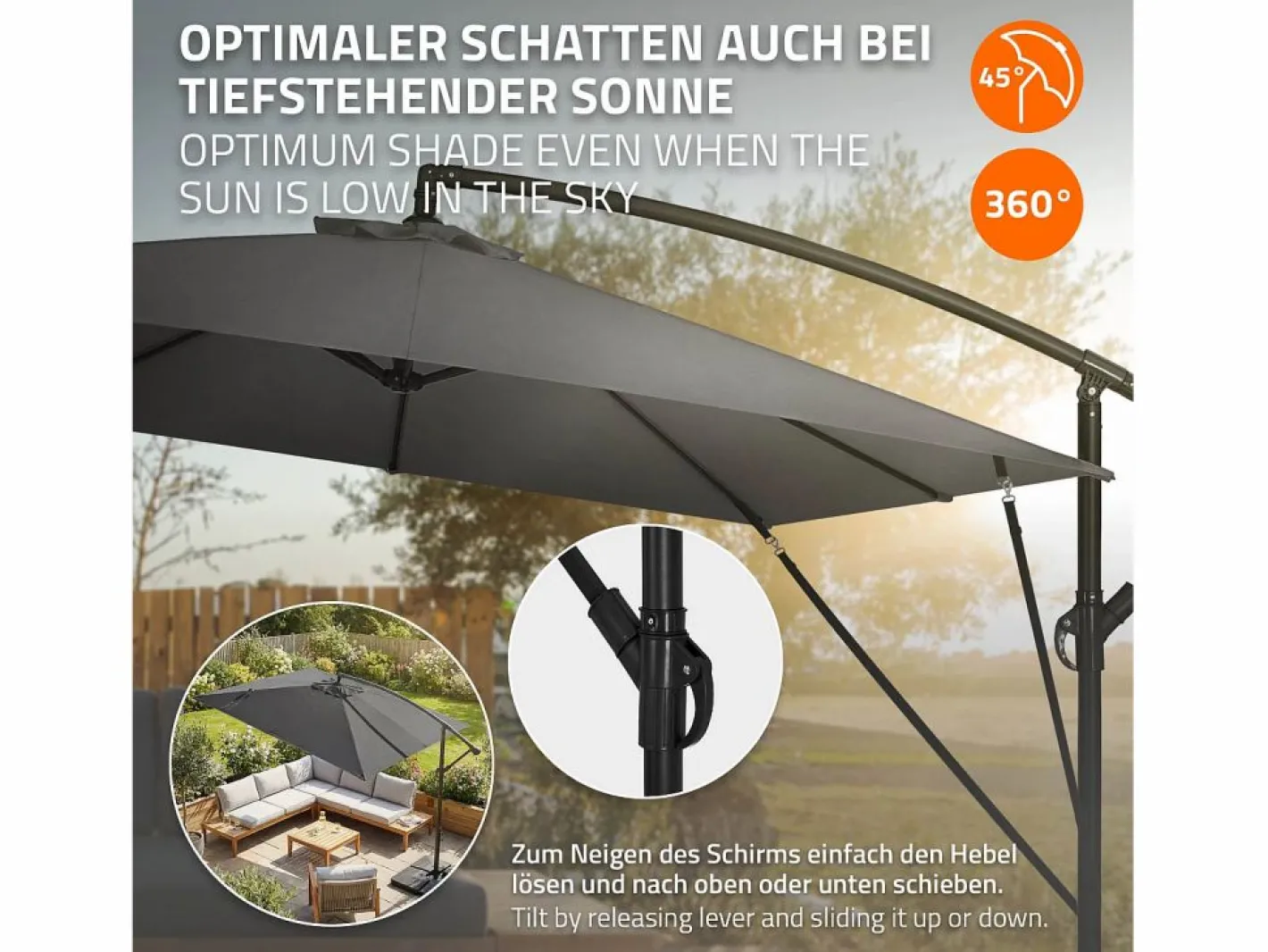 Sombrilla de jardín Ø330cm de aluminio antracita parasol volafiza de terraza con soporte, giratoria 360° e inclinable con manivela^ML-DESIGN Sale