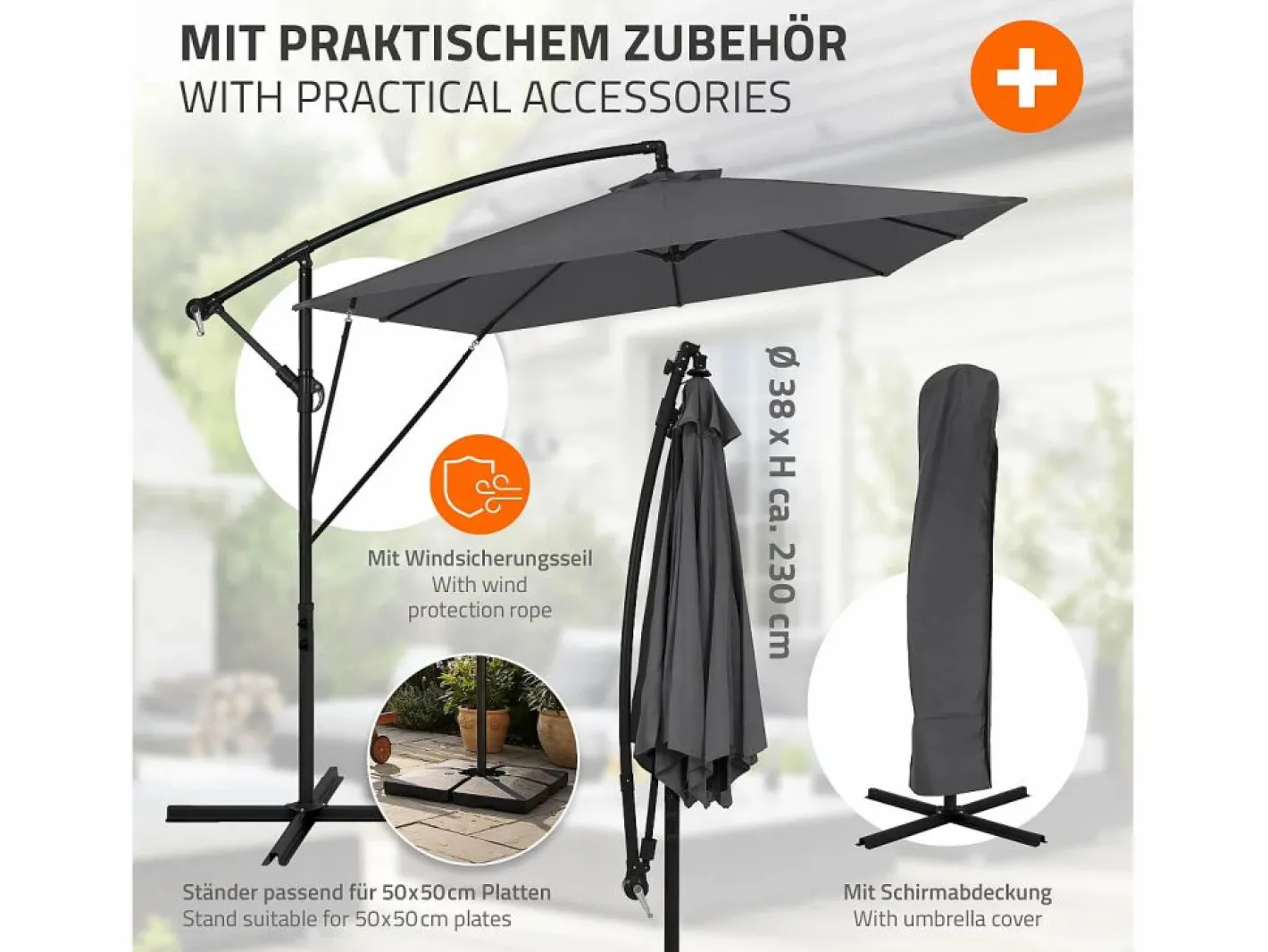 Sombrilla de jardín Ø330cm de aluminio antracita parasol volafiza de terraza con soporte, giratoria 360° e inclinable con manivela^ML-DESIGN Sale