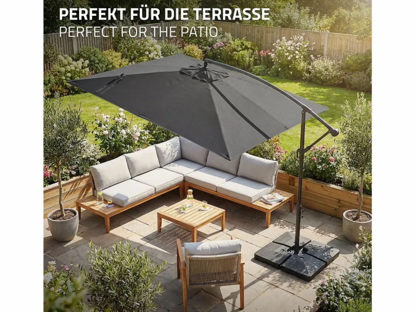 Sombrilla de jardín Ø330cm de aluminio antracita parasol volafiza de terraza con soporte, giratoria 360° e inclinable con manivela^ML-DESIGN Sale