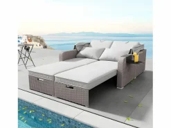 Mobiliario de jardín extensible - Sofá lounge de ratán PE con dosel ajustable - estructura de acero - Taupe^ModernLuxe New