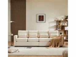 Moderno sofá recto de 4 plazas con bolsillos laterales y cojines - en tejido de lino - mueble de salón - Beige Best
