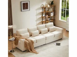 Moderno sofá recto de 4 plazas con bolsillos laterales y cojines - en tejido de lino - mueble de salón - Beige Best
