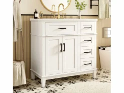 Merax Mueble De Baño Simple|Mueble bajo lavabo de cerámica individual - 90 x 46 x 87 cm - con 4 cajones + 2 puertas - Cerámica + MDF -