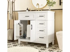 Merax Mueble De Baño Simple|Mueble bajo lavabo de cerámica individual - 90 x 46 x 87 cm - con 4 cajones + 2 puertas - Cerámica + MDF -