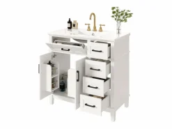 Merax Mueble De Baño Simple|Mueble bajo lavabo de cerámica individual - 90 x 46 x 87 cm - con 4 cajones + 2 puertas - Cerámica + MDF -