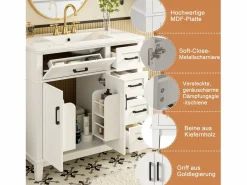 Merax Mueble De Baño Simple|Mueble bajo lavabo de cerámica individual - 90 x 46 x 87 cm - con 4 cajones + 2 puertas - Cerámica + MDF -