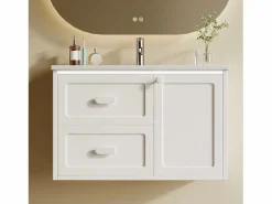 Merax Mueble De Baño Simple|Mueble bajo lavabo suspendido de un seno cerámico - 76 x 46 x 51 cm - acabado lacado - con LEDs + 2 cajones + puerta - cerámica + MDF -