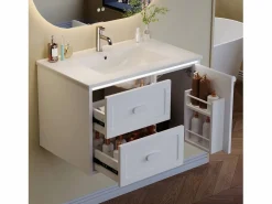 Merax Mueble De Baño Simple|Mueble bajo lavabo suspendido de un seno cerámico - 76 x 46 x 51 cm - acabado lacado - con LEDs + 2 cajones + puerta - cerámica + MDF -