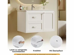Merax Mueble De Baño Simple|Mueble bajo lavabo suspendido de un seno cerámico - 76 x 46 x 51 cm - acabado lacado - con LEDs + 2 cajones + puerta - cerámica + MDF -