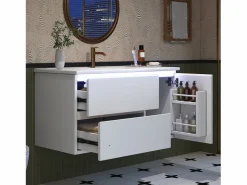 Merax Mueble bajo lavabo suspendido de un seno cerámico - 91 x 46,5 x 50,5 cm - acabado lacado - con LEDs + 2 cajones + puerta - cerámica + MDF - Blanco