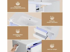 Merax Mueble bajo lavabo suspendido de un seno cerámico - 91 x 46,5 x 50,5 cm - acabado lacado - con LEDs + 2 cajones + puerta - cerámica + MDF - Blanco